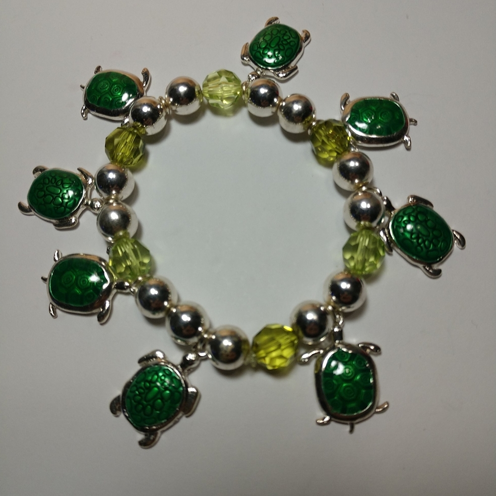 🆕🐢Turtle 🐢 Charm Bracelet Sterling Silver Beads on Heavy Stretch Cord New - Picture 2 of 10